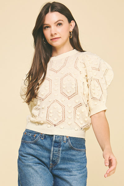 PINCH Puffed Sleeve Tonal Embroidered Sweater