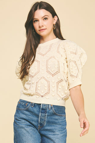 PINCH Puffed Sleeve Tonal Embroidered Sweater