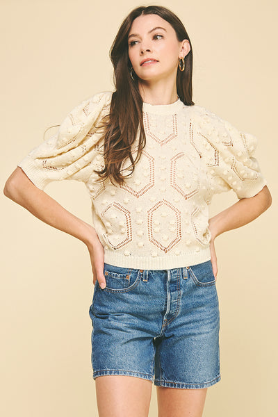 PINCH Puffed Sleeve Tonal Embroidered Sweater