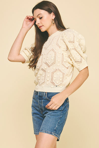 PINCH Puffed Sleeve Tonal Embroidered Sweater