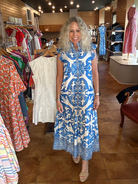 Jade Blue Wave Button Front Maxi Dress