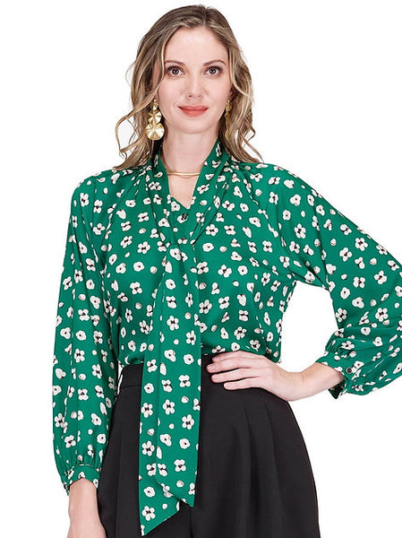 Jade Button Front Tie Neck Blouse