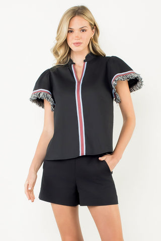 THML Short Sleeve Fringe Detail Top