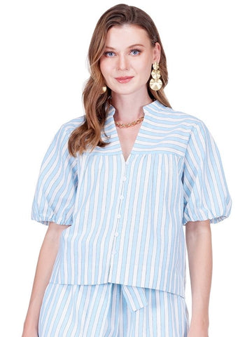 Joy Joy Blue Stripe Puff Sleeve Top