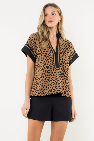 THML Cheetah Print V Neck Top