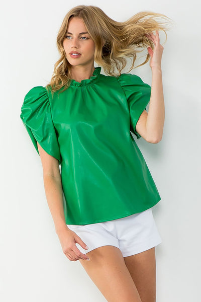 THML Ruched Sleeve Leather Top [green]