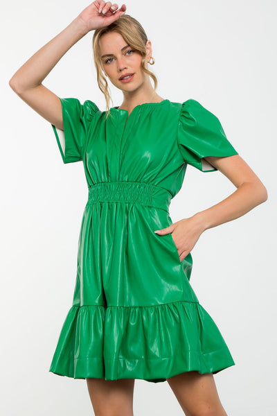 THML Smocked Waist Leather Dress [green]