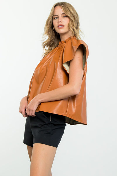 THML Flutter Sleeve Leather Top [saddle]