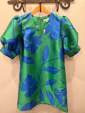 Jade Puff Sleeve Brocade Dress