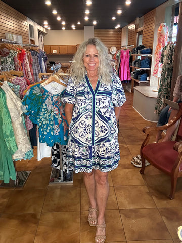 THML Puff Sleeve Print Dress [blue]