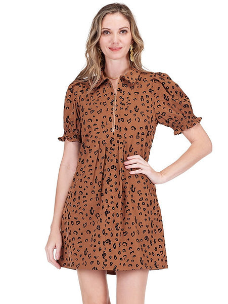 Jade Brown Leopard Front Zip Dress