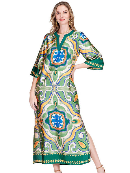 Jade Moroccan Tile Trimmed Maxi Dress