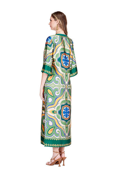 Jade Moroccan Tile Trimmed Maxi Dress