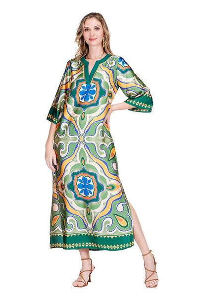 Jade Moroccan Tile Trimmed Maxi Dress
