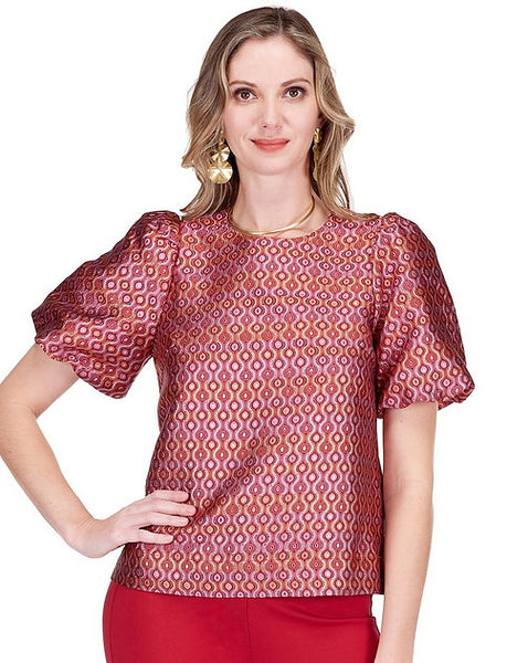 Jade Groovy Grid Puff Sleeve Top