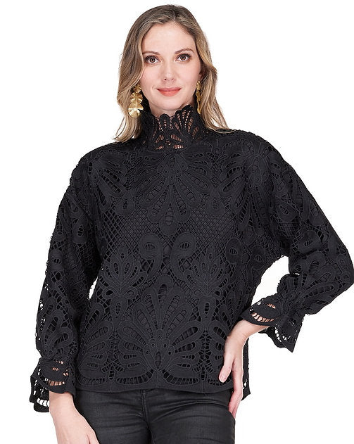 Jade Mock Neck Lace Pull Over Top [black]