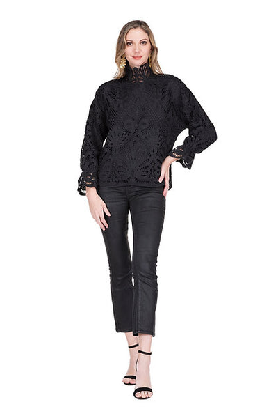 Jade Mock Neck Lace Pull Over Top [black]