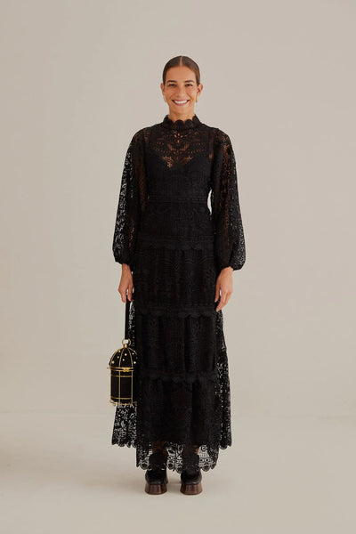 Farm Rio Guipire Long Sleeve Maxi Dress [black]