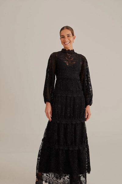 Farm Rio Guipire Long Sleeve Maxi Dress [black]