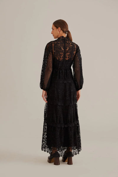 Farm Rio Guipire Long Sleeve Maxi Dress [black]