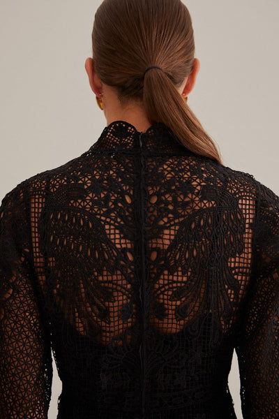 Farm Rio Guipire Long Sleeve Maxi Dress [black]