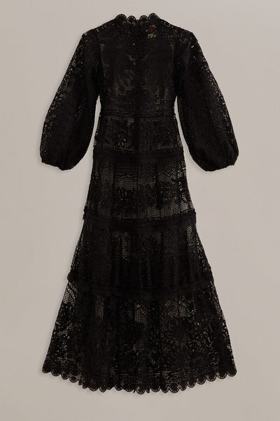 Farm Rio Guipire Long Sleeve Maxi Dress [black]