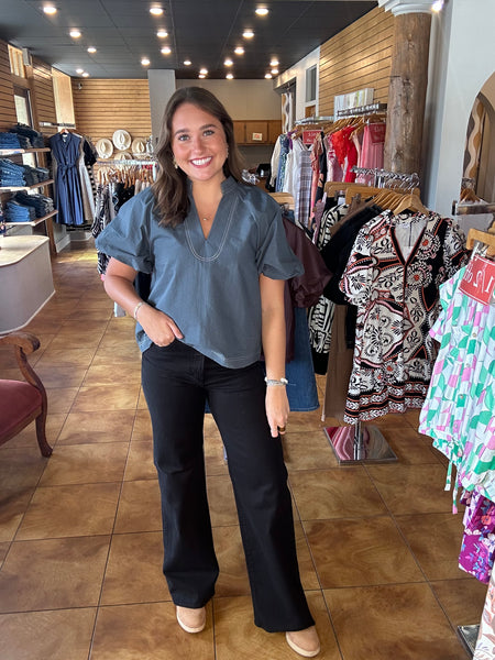 THML Puff Sleeve Top Stitched Blouse. [teal]