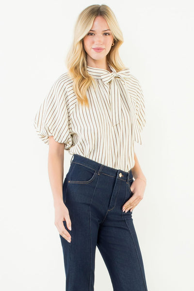 THML Puff Sleeve Stripe Tie Blouse
