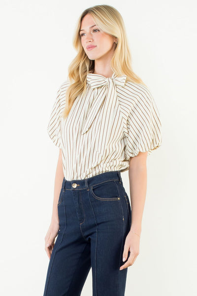 THML Puff Sleeve Stripe Tie Blouse