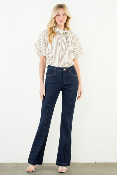 THML Puff Sleeve Stripe Tie Blouse