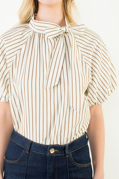 THML Puff Sleeve Stripe Tie Blouse