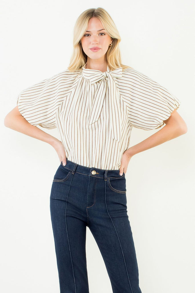 THML Puff Sleeve Stripe Tie Blouse