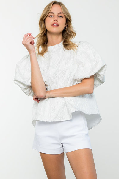 THML Puff Sleeve Flower Textured Top [white]