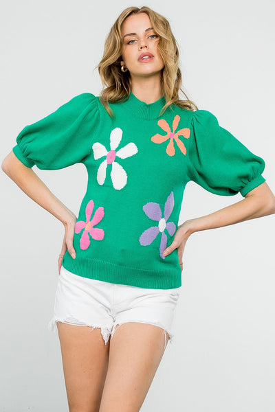 THML Flower Print Mid Sleeve Sweater [green]