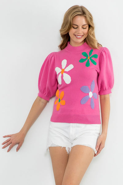 THML Flower Print Mid Sleeve Sweater [pink]