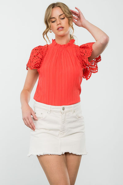 THML Eyelet Sleeve Textured Top [coral]