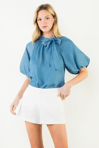 THML Puff Sleeve Tie Knot Collar Top