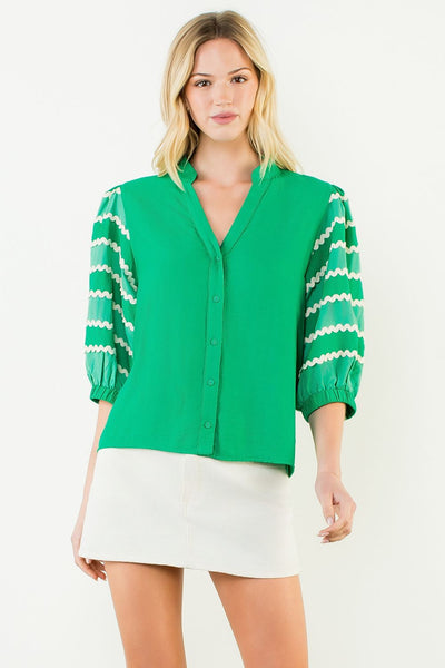 THML Rick Rack Puff Sleeve Button Front Top