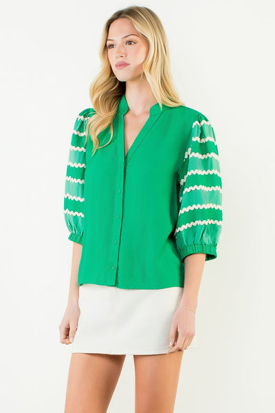 THML Rick Rack Puff Sleeve Button Front Top