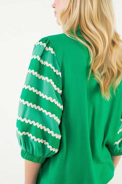 THML Rick Rack Puff Sleeve Button Front Top