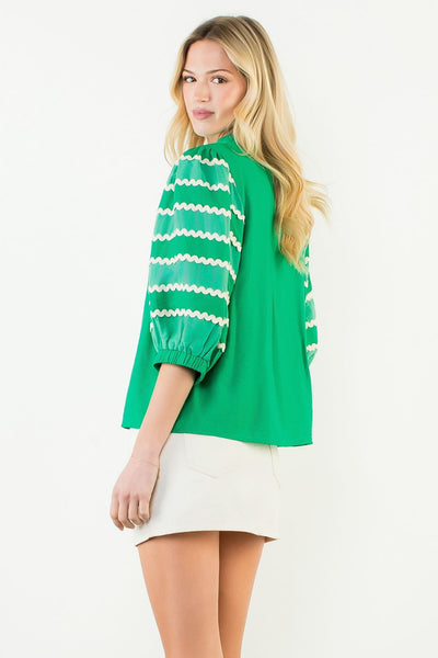 THML Rick Rack Puff Sleeve Button Front Top
