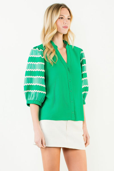 THML Rick Rack Puff Sleeve Button Front Top
