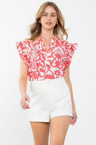 THML Smocked Ruffle Sleeve Top [coral]