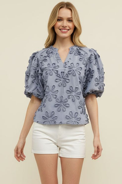 PINCH Striped Embroidered Flower Top